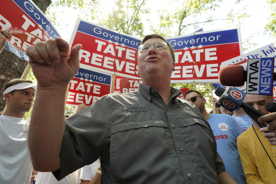 Mississippi Republican Gov. Tate Reeves addresses the reporters at the Neshoba County Fair in Philadelphia, Miss., Thursday, July 27, 2023. Reeves faces two opponents in the party primary Aug. 8, as he seeks reelection. (AP Photo/Rogelio V. Solis)