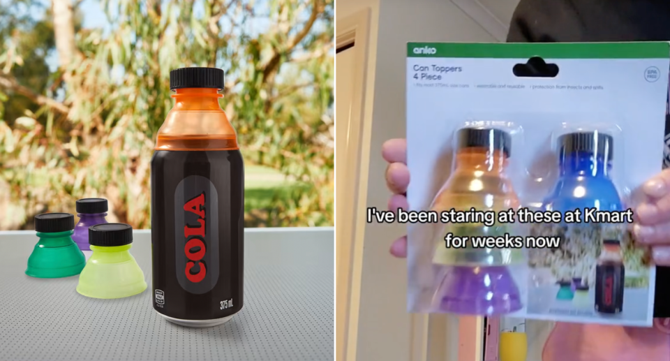 Kmart soft drink can toppers; Still from TikTok video review of Kmart soft drink can toppers
