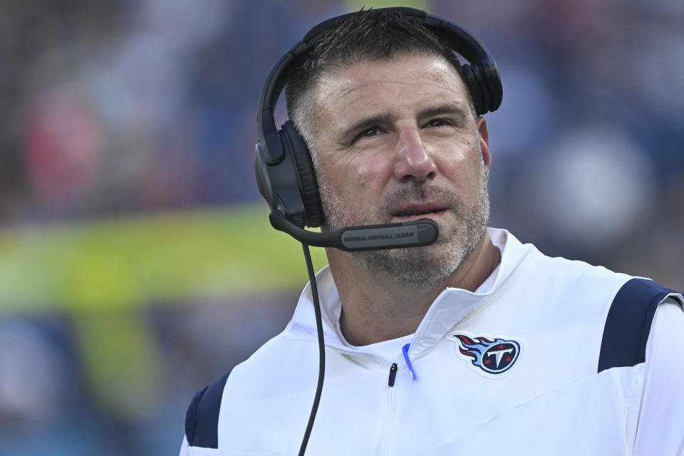 Tennessee Titans head coach Mike Vrabel watches from the sideline in the first half of a preseason NFL football game against the Arizona Cardinals Saturday, Aug. 27, 2022, in Nashville, Tenn. (AP Photo/John Amis)