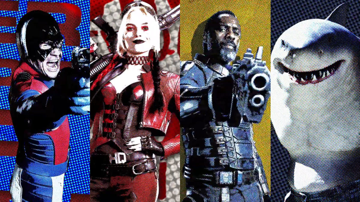 The Peacemaker, Harley Quinn, Bloodsport and King Shark in 'The Suicide Squad'. (Credit: DC/Warner Bros)