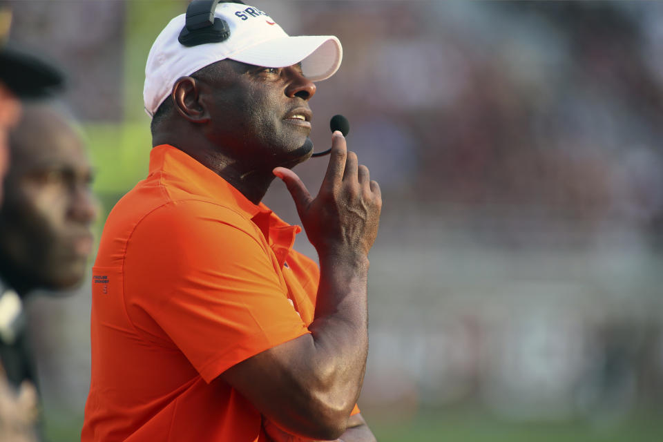 Syracuse head coach Dino Babers looks toward the field in the fourth quarter of an NCAA college football game against Florida State, Saturday, Oct. 2, 2021, in Tallahassee, Fla. Florida State won 33-30. (AP Photo/Phil Sears)