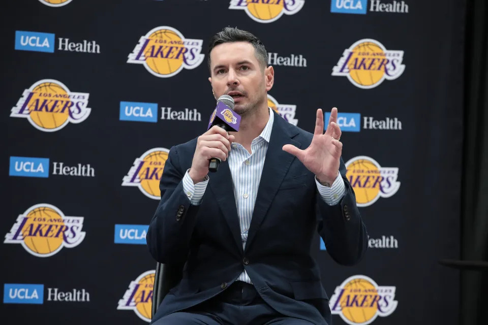   Los Angeles Lakers head coach J.J. Redick gives a response during the Los Angeles Lakers welcome press conference for their NBA Draft picks on July 02, 2024, at UCLA Health Training Center in El Segundo, CA. (Photo by Jevone Moore/Icon Sportswire via Getty Images)