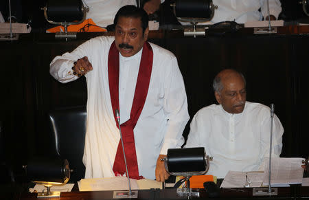 Sri Lanka's newly appointed Prime Minister Mahinda Rajapaksa speaks during the parliament session in Colombo, Sri Lanka November 15, 2018. REUTERS/Stringer