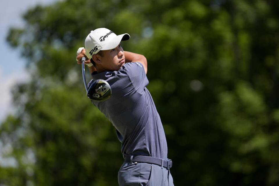 Collin Morikawa watches his tee shot on the fifth hole during the final round of the PGA Championship golf tournament at the Valhalla Golf Club, Sunday, May 19, 2024, in Louisville, Ky. (AP Photo/Jeff Roberson)