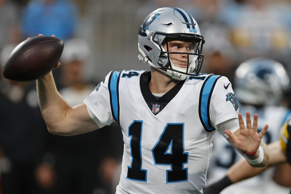 Carolina Panthers quarterback Sam Darnold passes against the Pittsburgh Steelers during the first half of a preseason NFL football game Friday, Aug. 27, 2021, in Charlotte, N.C. (AP Photo/Nell Redmond)