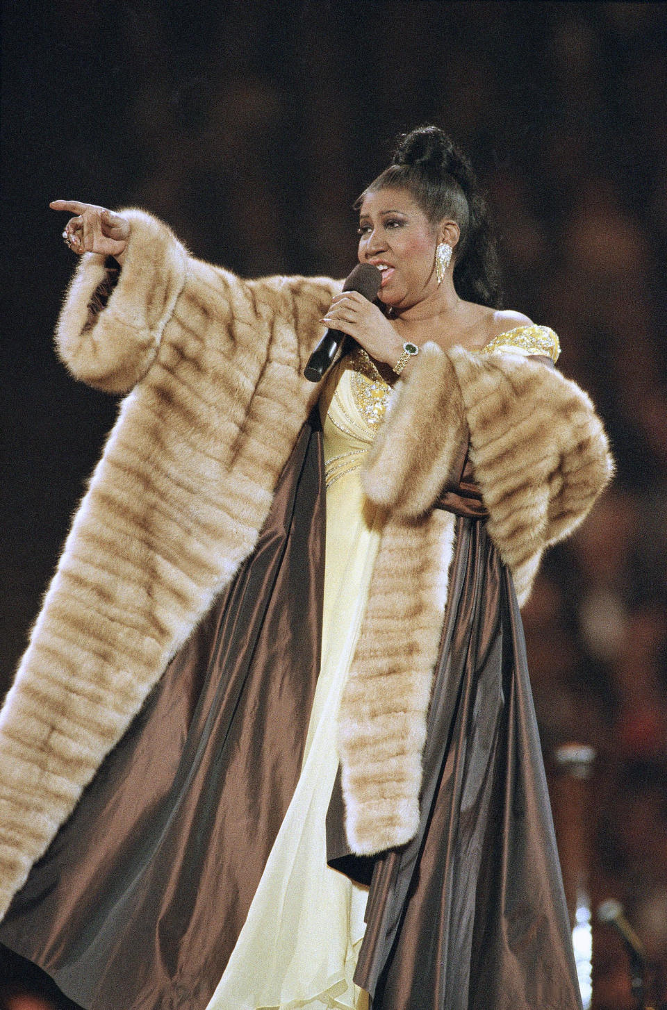 FILE - Aretha Franklin performs at pre-inaugural festivities in Washington on Jan. 5 1993. Franklin, who died Aug. 16, 2018 at the age of 76, is being portrayed by actress Cynthia Erivo in the National Geographic miniseries “Genius: Aretha.” (AP Photo/Amy Sancetta, File)