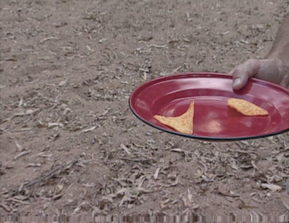 Jeff Probst holds a red plate with two Doritos on it