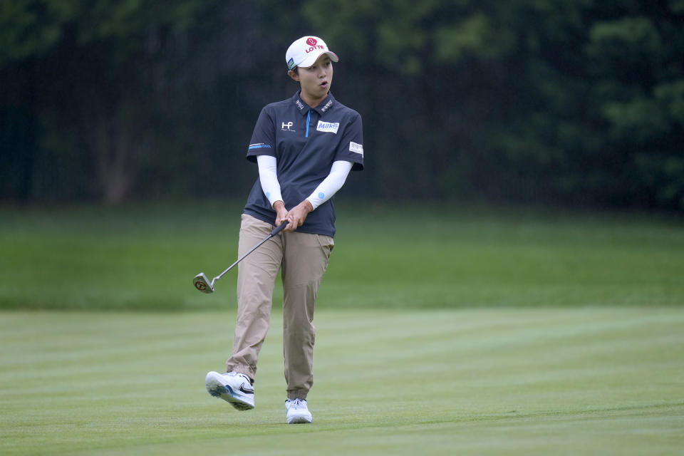 Kim Hyo-joo, of South Korea, reacts to her putt on the second hole during the second round of the Women's PGA Championship golf tournament, Friday, June 23, 2023, in Springfield, N.J. (AP Photo/Seth Wenig)