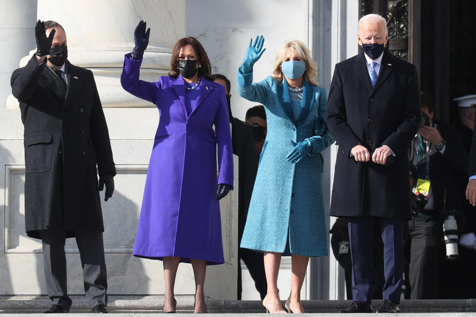 <p>Not long before their swearing in, Doug Emhoff, Vice President Kamala Harris, Dr. Jill Biden and President Joe Biden wave as they arrive on the East Front of the U.S. Capitol for the inauguration. </p>