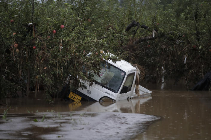 A small pickup truck is submerged in floodwaters at an apple orchard, Monday, Oct. 14, 2019, in Hoyasu, Japan. Rescue crews in Japan dug through mudslides and searched near swollen rivers Monday as they looked for those missing from a typhoon that left as many as 36 dead and caused serious damage in central and northern Japan. (AP Photo/Jae C. Hong)