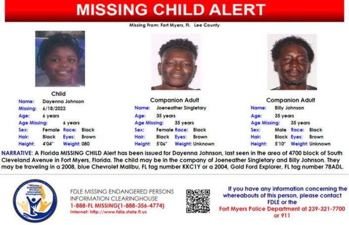 A missing-child alert was issued Saturday for 6-year-old Dayenna Johnson of Fort Myers, last seen two weeks ago. She was found safe in Hillsboro County, the Fort Myers Police Department reported Monday.