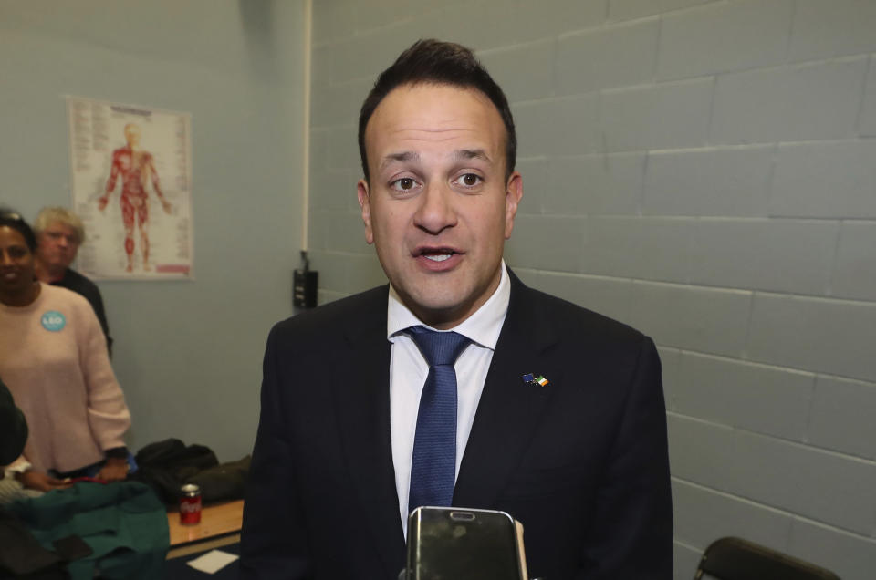Fine Gael leader Leo Varadkar speaks to the media as he arrives for the the Irish General Election count at Phibblestown Community Centre in Dublin Sunday Feb. 9, 2020. (Liam McBurney/PA via AP)