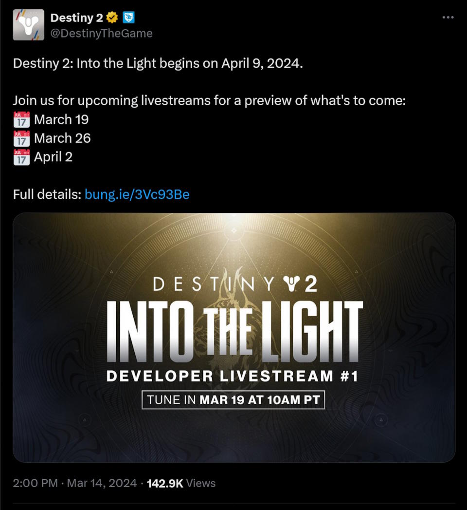 Destiny 2: Into the Light begins on April 9, 2024.  Join us for upcoming livestreams for a preview of what's to come: �� March 19 �� March 26 �� April 2  Full details: http://bung.ie/3Vc93Be