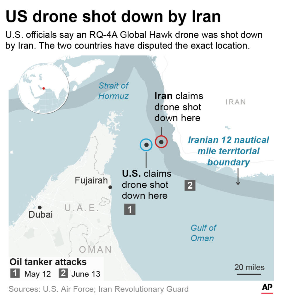 Graphic pinpoints the drone shooting locations provided by the U.S. and Iran and shows how they are conflicting in location;