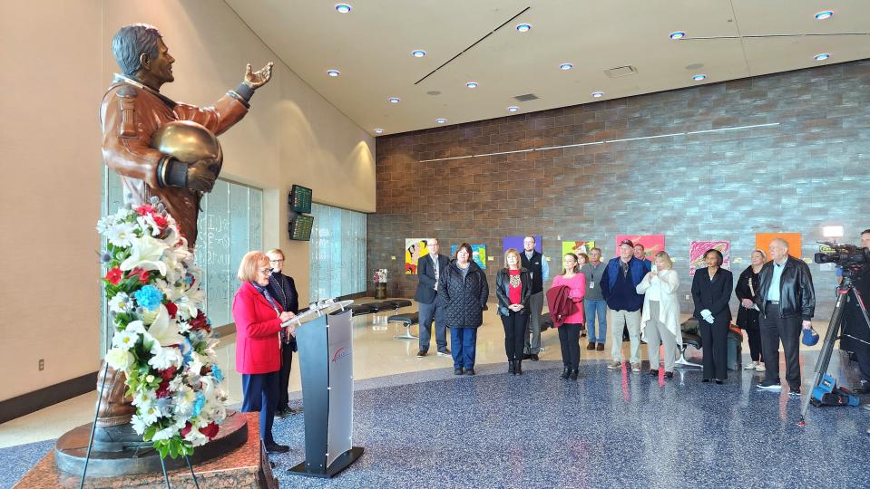 Carol Lovelady speaks about Amarillo's own Rick Husband at a ceremony honoring him Wednesday morning at the Rick Husband Amarillo International Airport.