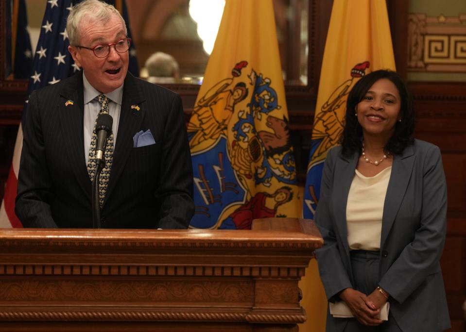 Trenton, NJ September 8, 2023 -- Governor Phil Murphy before Tahesha Way was sworn in as the new NJ Lt. Governor.
 Tahesha Way was sworn in as the new New Jersey Lt. Governor, replacing the late Sheila Oliver. The ceremony took place outside Governor Phil Murphy's office in the NJ Statehouse on September 8, 2023.