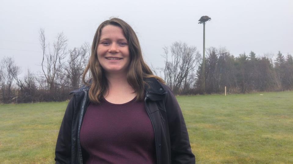 Harriet Dreise is co-ordinator for the Hunter-Clyde Watershed Group. She's standing near the osprey platform at Gulf Shore Consolidated School in North Rustico, P.E.I. 