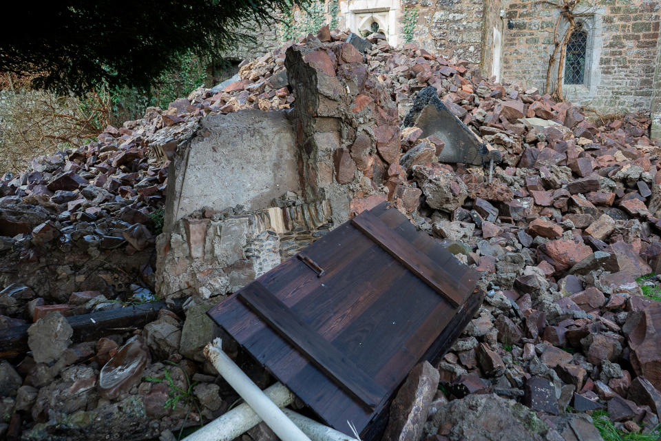 The remains of the turret at Bickleigh Castle which collapsed during Storm Henk. (SWNS)