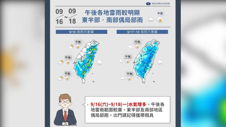 週五開始水氣逐漸增多，降雨範圍也將擴大。（圖／氣象局）