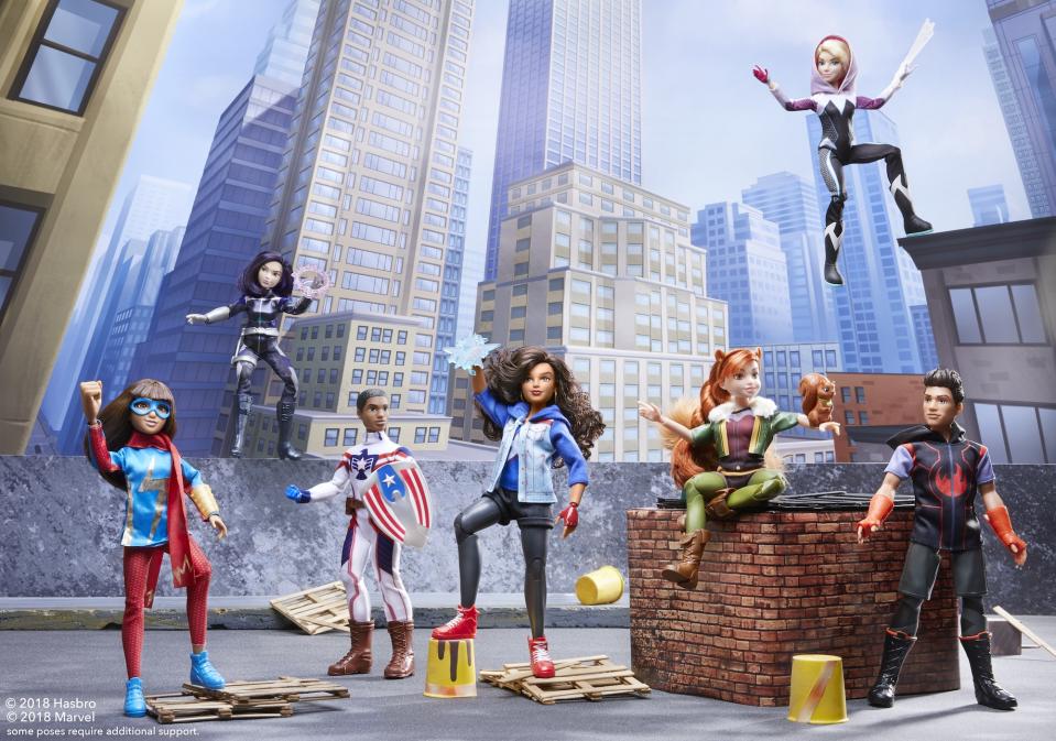 The 11-inch poseable figures, left to right, include Ms. Marvel, Daisy Johnson (aka Quake), Patriot, America Chavez, Squirrel Girl, Ghost-Spider, and Inferno. Each will cost $19.99. (Photo: Hasbro)