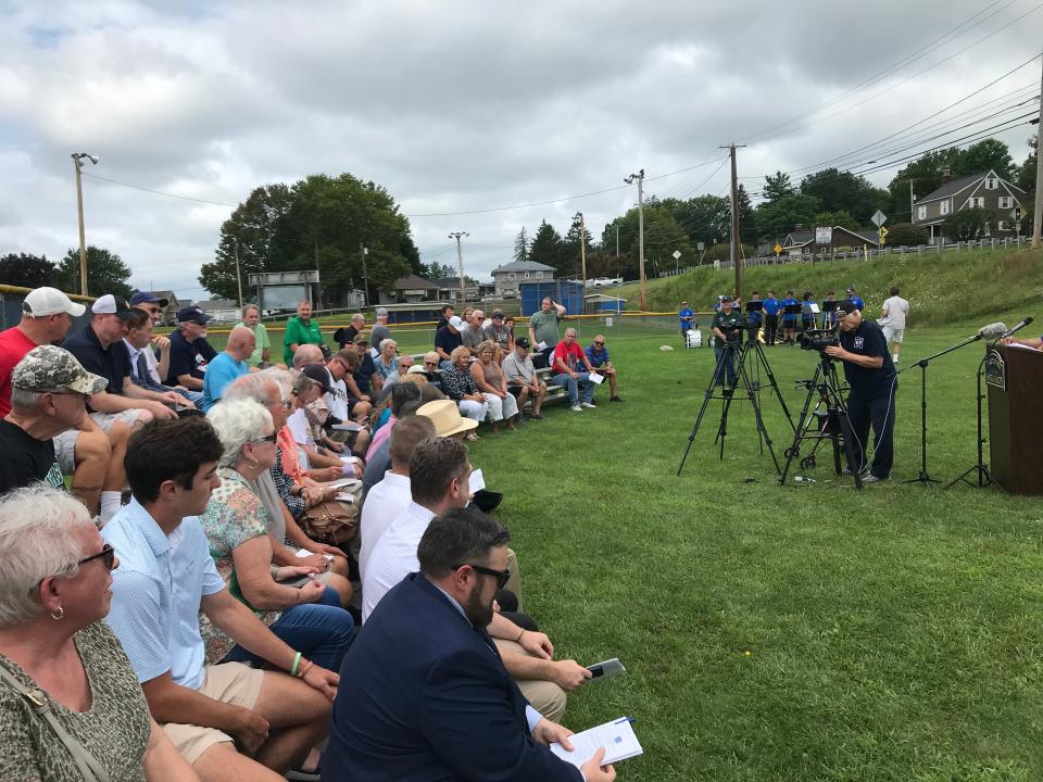 Spectators and distinguished guests at the Aug. 25 unveiling of the Hack Wilson historical roadside marker in Ellwood City. Featured speaker John Racanelli, from the Society of Baseball Research, is bottom right (in a blue suit).