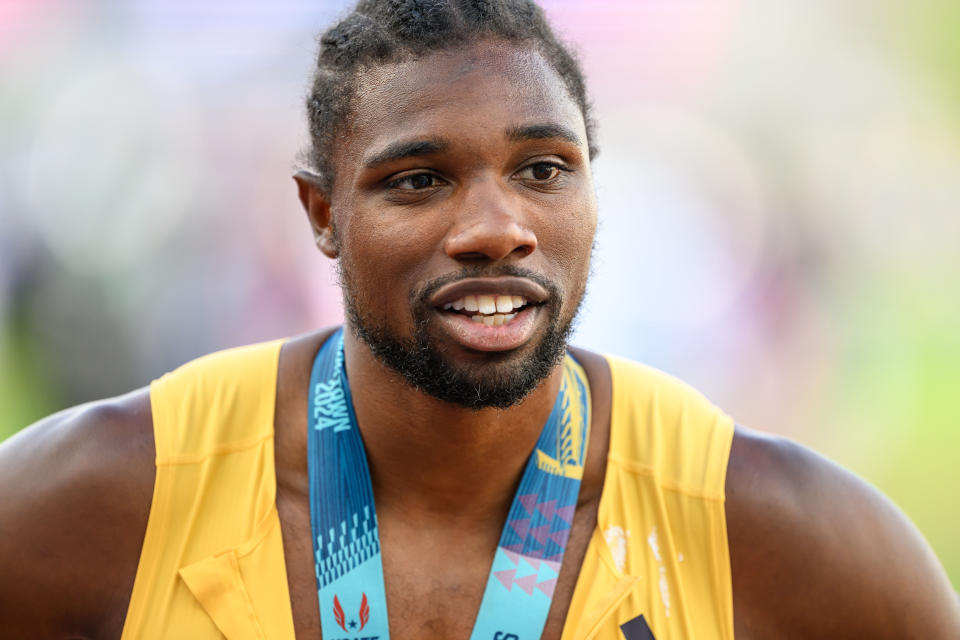 Jun 29, 2024; Eugene, OR, USA; Noah Lyles wins gold in the men’s 200 meter dash in a time of 19.53. His second gold of the US Olympic Track and Field Team Trials. Mandatory Credit: Craig Strobeck-USA TODAY Sports