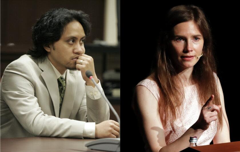 Vili Fualaau, left, sits in a courtroom in a beige suit. Amanda Knox, right, wears a pale pink dress and speaks at a podium.