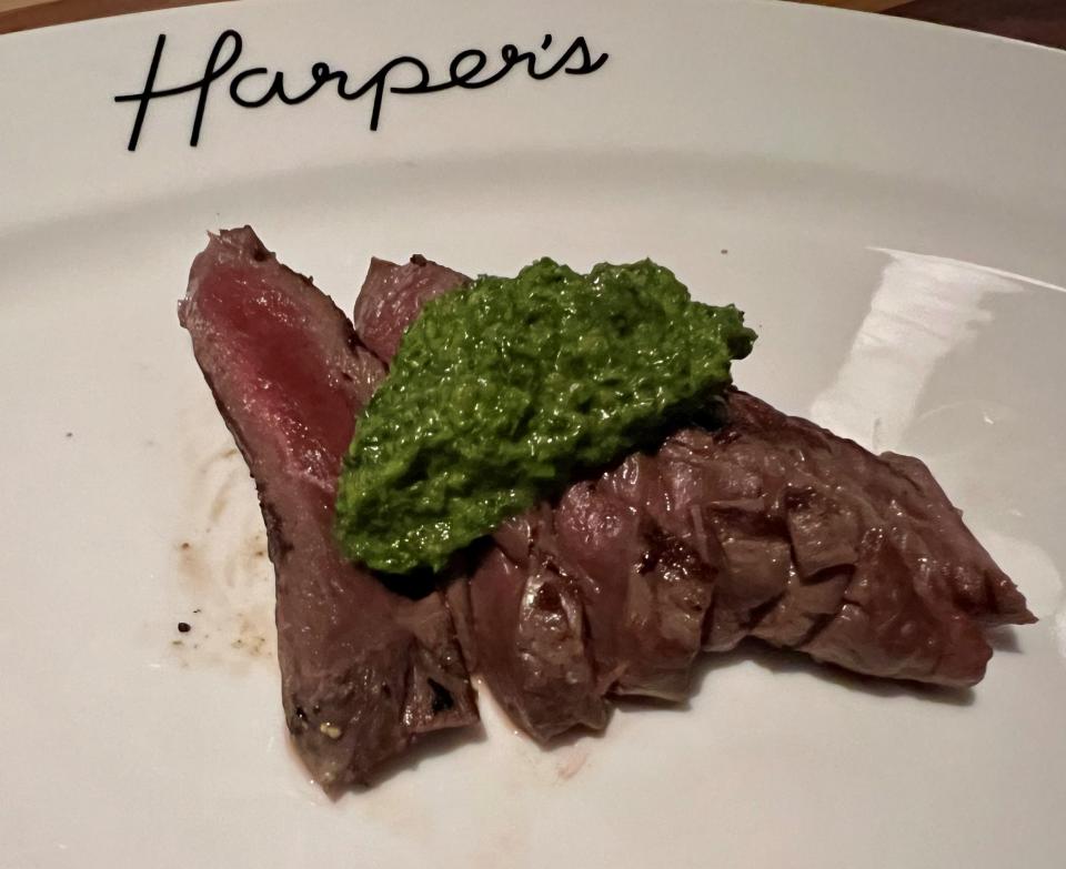 Elk tenderloin with Argentinian chimichurri at Harper's Nashville steakhouse on Nov. 13, 2023