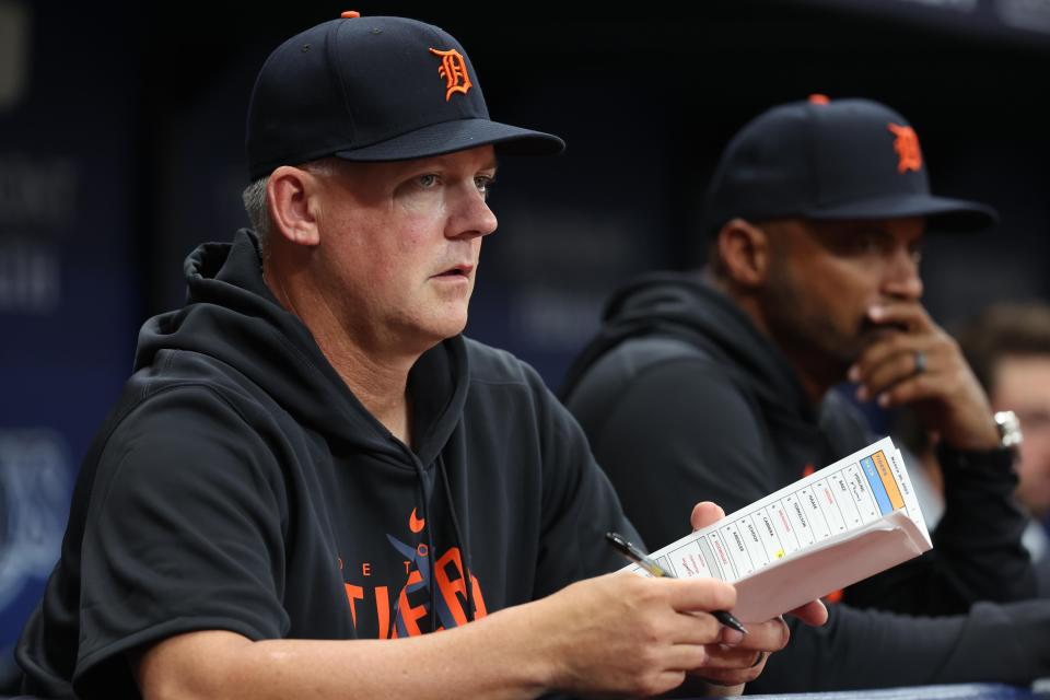 Detroit Tigers manager A.J. Hinch (14) looks on during the ninth inning against the Tampa Bay Rays at Tropicana Field in St. Petersburg, Florida, on Thursday, March 30, 2023.