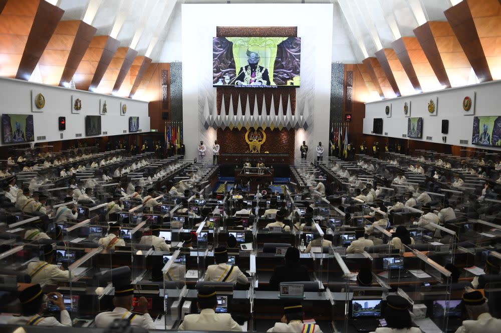 Yang di-Pertuan Agong Al-Sultan Abdullah Ri'ayatuddin Al-Mustafa Billah Shah delivers the royal address during the opening of the first meeting of the fourth term of the 14th Parliament in Kuala Lumpur September 13, 2021. — Bernama pic