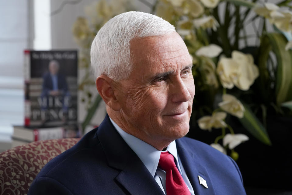 Former Vice President Mike Pence sits for an interview with the Associated Press, Wednesday, Nov. 16, 2022, in New York. (AP Photo/John Minchillo)