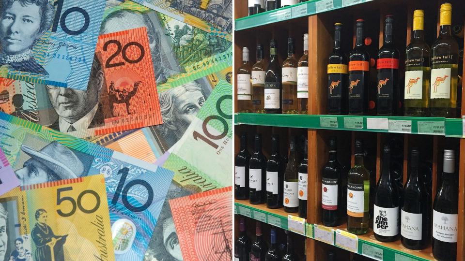 Compilation image of money and wine lined on a supermarket shelf