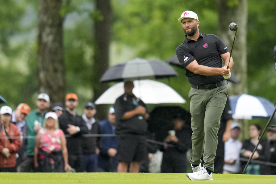 Jon Rahm, of Spain, hits from the fairway on the 10th hole during the second round of the PGA Championship golf tournament at the Valhalla Golf Club, Friday, May 17, 2024, in Louisville, Ky. (AP Photo/Jeff Roberson)