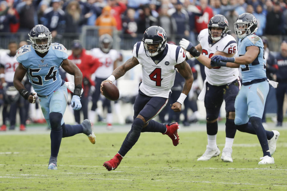 Houston Texans quarterback Deshaun Watson (4) scrambles against the Tennessee Titans in the second half of an NFL football game Sunday, Dec. 15, 2019, in Nashville, Tenn. The Texans won 24-21. (AP Photo/James Kenney)