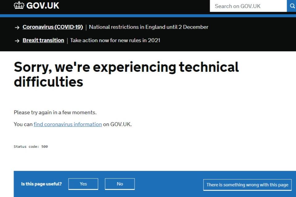 <p>The website outlining England’s tiers is ‘experiencing technical difficulties’</p> (Gov.uk)