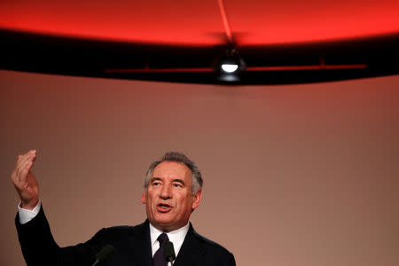 Francois Bayrou, French centrist politician and the leader of the Democratic Movement (MoDem), gestures as he speaks during a news conference at his party's headquarters in Paris, France, February 22, 2017. REUTERS/Gonzalo Fuentes
