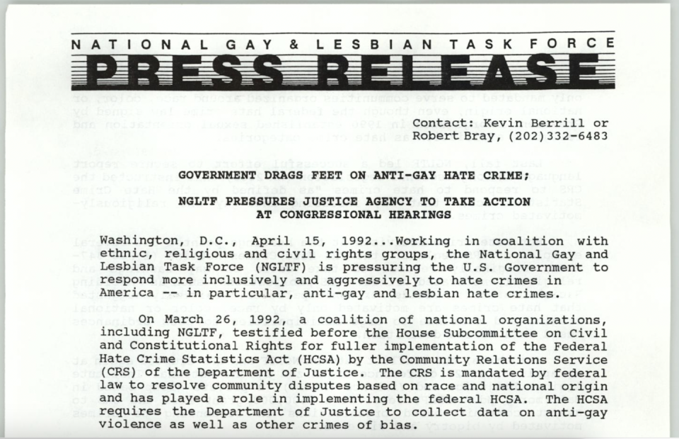 Excerpt from a 1992 press release by the National Gay and Lesbian Task Force about the federal government's poor response to hate crimes.