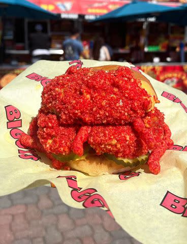 <p>Midway Gourmet/Arizona State Fair</p> Hot Cheeto chicken sandwich