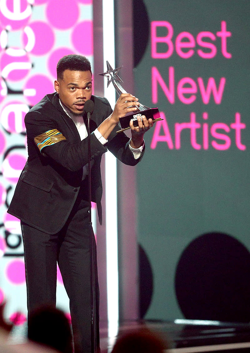 <p>At Sunday’s BET Awards, Chance was introduced by –- surprise! –- a video message from Michelle Obama, as he was honored with the Humanitarian Award for his work in education. He also nabbed the title of Best New Artist. (Photo: Frederick M. Brown/Getty Images) </p>