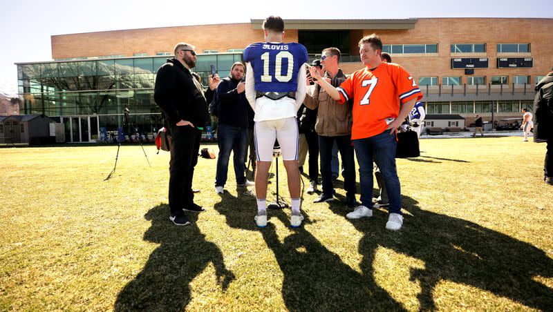 BYU quarterback Kedon Slovis talks with media after the Cougars practice in Provo on Friday, March 17, 2023. The Pitt transfer will lead the Cougars’ Big 12 era Saturday in Provo against Sam Houston. 