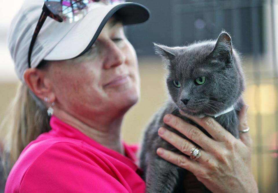 One of a Kind Pet Rescue Executive Director Tanya Jonda pets Meemaw, a cat that was recently returned because she was destructive. Jonda said cats can become destructive if they don't have fulfilling mental or physical stimulation in the home.
