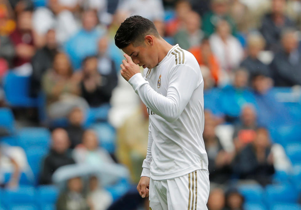 Soccer Football - La Liga Santander - Real Madrid v Levante - Santiago Bernabeu, Madrid, Spain - September 14, 2019  Real Madrid's James Rodriguez reacts   REUTERS/Susana Vera