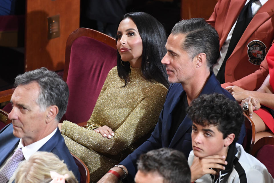 Vanessa Bryant, top left, and Los Angeles Lakers general manager and vice president of basketball operations Rob Pelinka, top right, listen as Pau Gasol speaks during his enshrinement at the Basketball Hall of Fame, Saturday, August 12, 2023, in Springfield, Mass. (AP Photo/Jessica Hill)