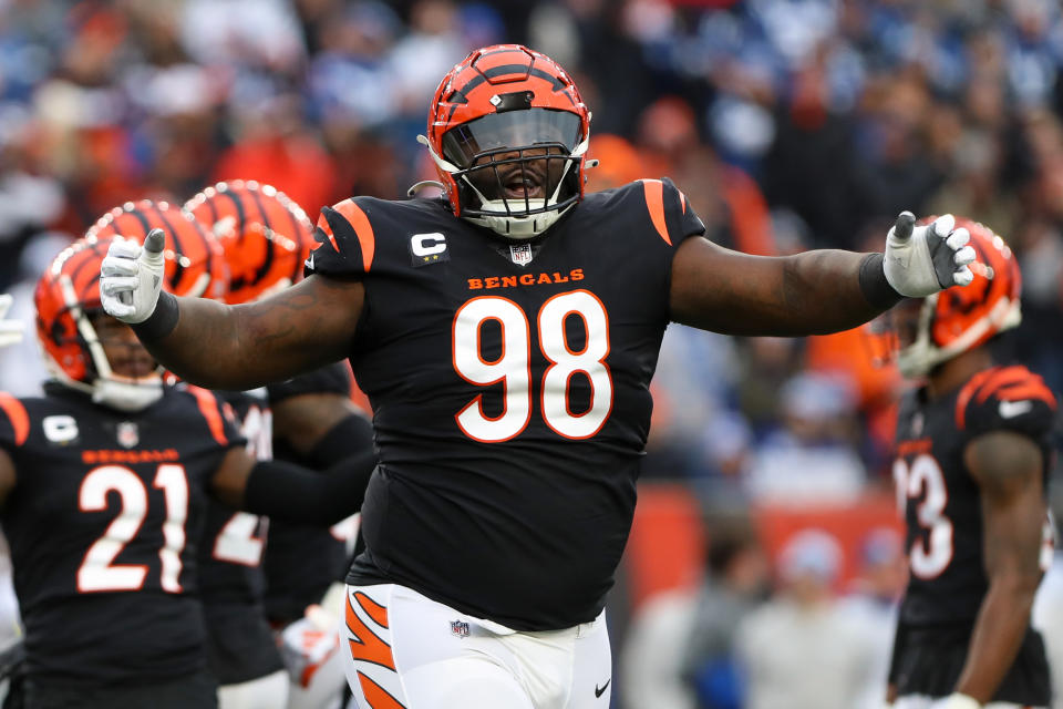 CINCINNATI, OH - DECEMBER 10: Cincinnati Bengals defensive tackle DJ Reader (98) reacts during the game against the Indianapolis Colts and the Cincinnati Bengals on December 10, 2023, at Paycor Stadium in Cincinnati, OH. (Photo by Ian Johnson/Icon Sportswire via Getty Images)