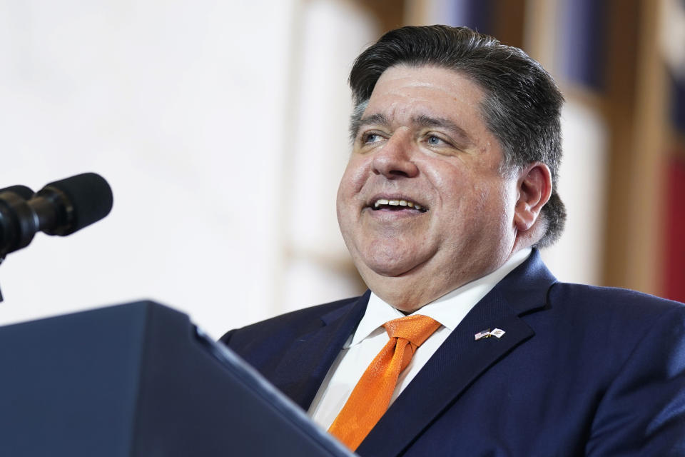 FILE - Illinois Gov. J.B. Pritzker addresses the crowd before President Joe Biden delivers remarks on the economy, June 28, 2023, at the Old Post Office in Chicago. Illinois Democrats have changed the way candidates for the General Assembly get on the ballot, and Republicans are complaining that they changed the rules mid-game. The law, which Pritzker hailed as an ethics update, eliminates drafting of legislative candidates by local political parties without putting that pol through a primary election. (AP Photo/Evan Vucci, File)