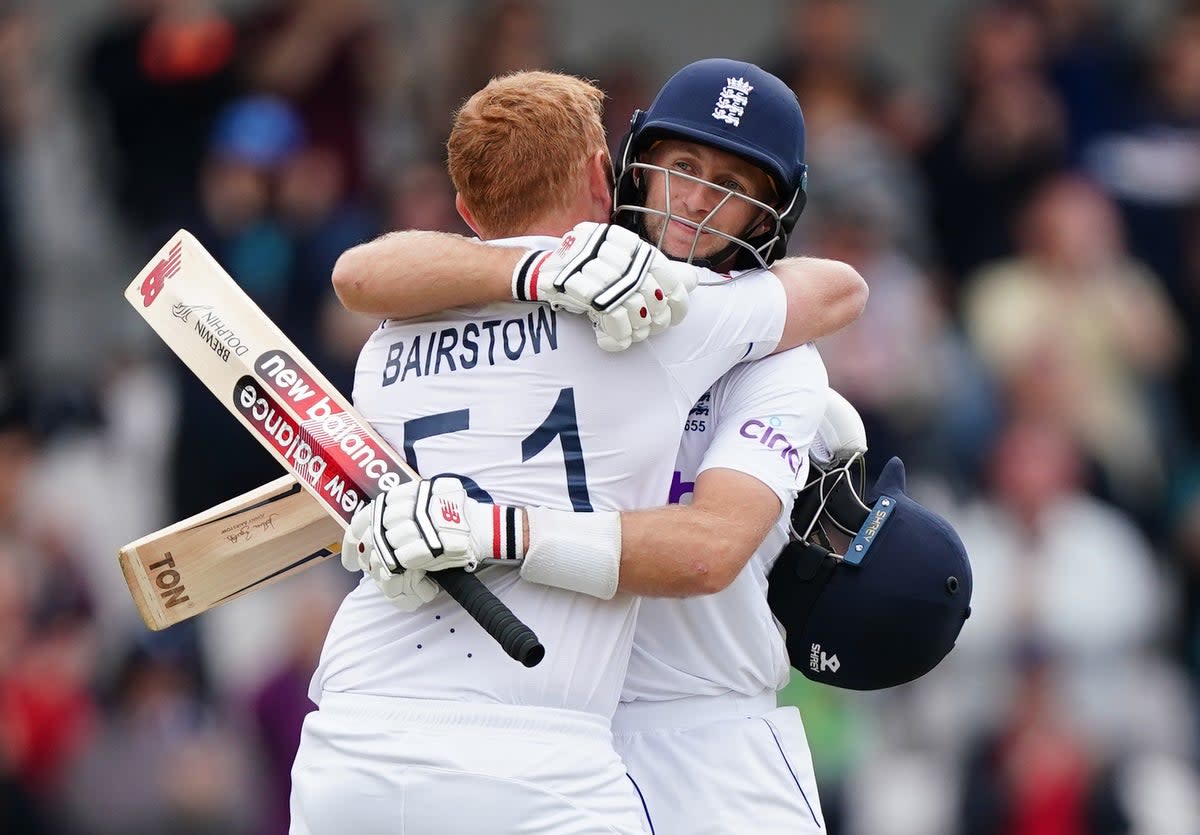 Jonny Bairstow (left) and Joe Root celebrate victory (Mike Egerton/PA) (PA Wire)