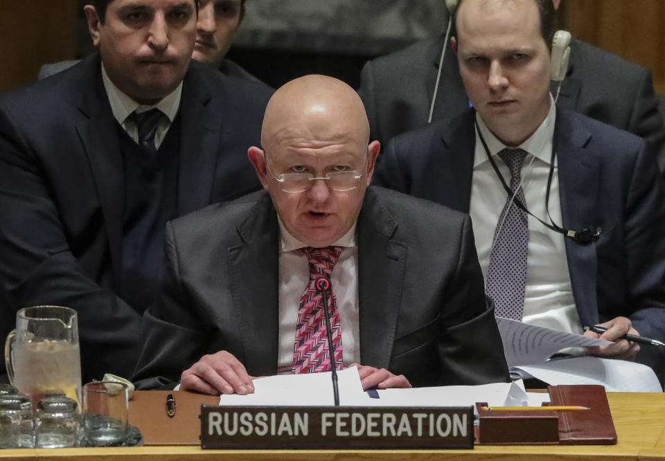 Russia's United Nations Ambassador Vasily Nebenzya address the U.N. Security Council after abstaining from a vote for Yemen related sanctions, Tuesday Feb. 25, 2020 at U.N. headquarters. The Security Council voted to approve a revised British draft resolution extending targeted sanctions in Yemen. (AP Photo/Bebeto Matthews)