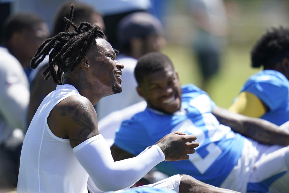 Los Angeles Chargers safety Derwin James Jr., left, and safety Nasir Adderley (24) participate in drills during a combined NFL practice with the Dallas Cowboys at the Los Angeles Rams' practice facility in Costa Mesa, Calif. Wednesday, Aug. 17, 2022. (AP Photo/Ashley Landis)