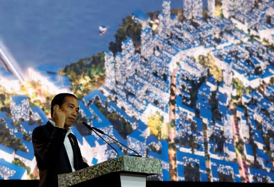 Indonesia's President Joko Widodo speaks about the planned new capital Nusantara, at Ecosperity Week in Singapore on June 7, 2023. <span class="copyright">Edgar Su—Reuters</span>