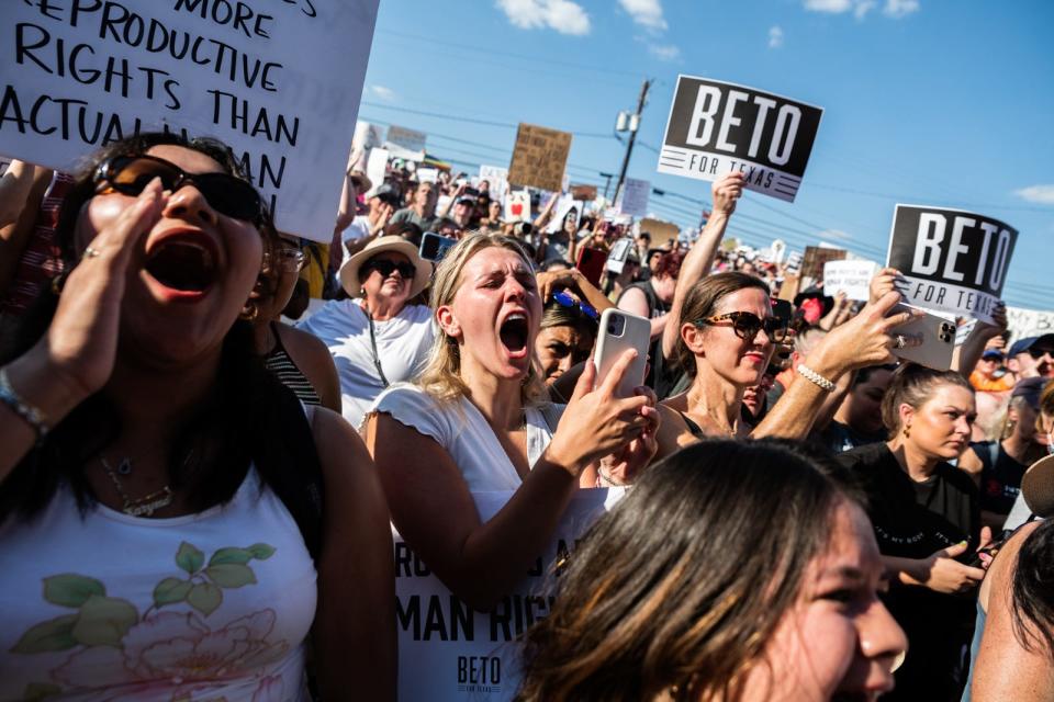 Abortion rights supporters cheer at Sunday's rally led by Beto O'Rourke in East Austin.